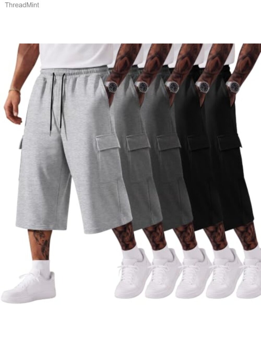5 Pack Men's Big Tall Capri Cargo Pants Drawstring Casual